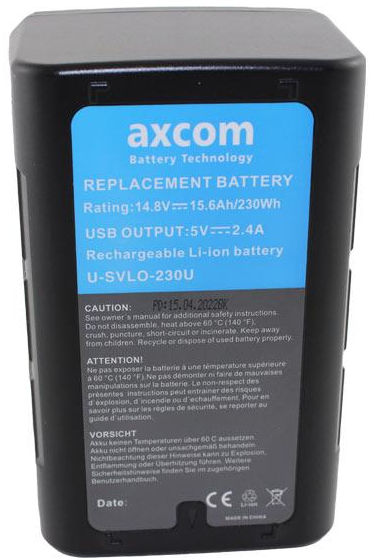 Axcom U-SVLO-230U 230WH Li-Ion Battery V-mount (USB + LED)